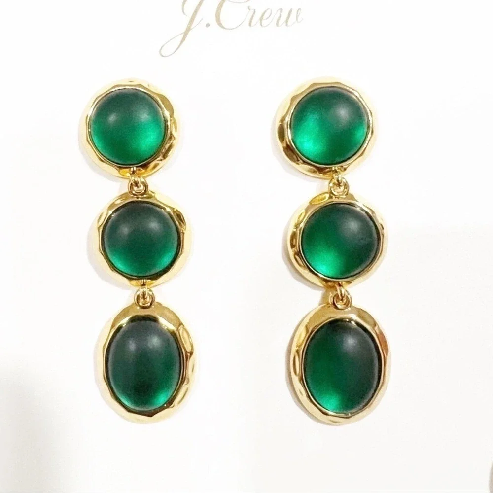 J.Crew Triple Drop Earrings Emerald Green Cabochon Gold Statement NWT